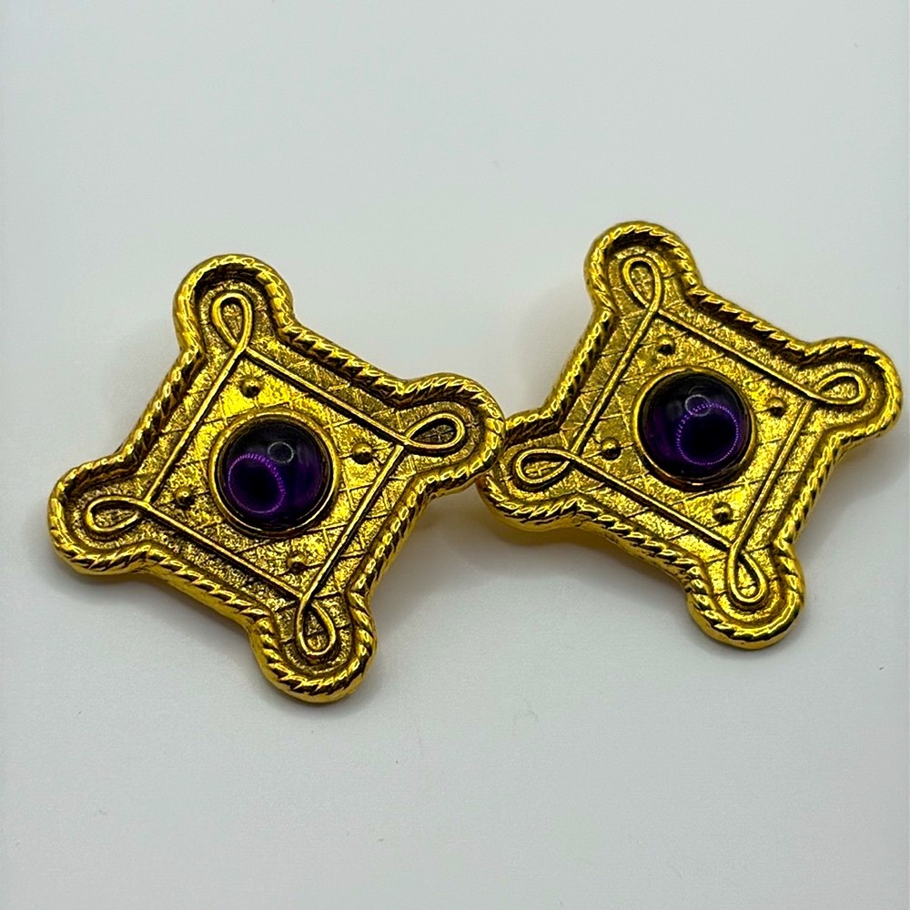 Vintage 90’s Florentine Gold & Purple Ornate Earrings Gripoix Clipons - Picture 3 of 6